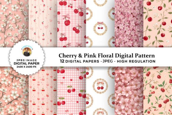Cherry Pink Floral Digital Patterns: 12 Versatile, Print-Ready Designs for Every Creative Moment