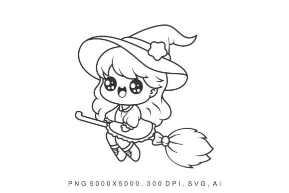 Kids’ Witch and Little Girl Riding a Broomstick Coloring Page: Free Vector Download for Creative Learning & Play