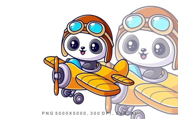 Panda Riding a Yellow Airplane: A Versatile, High-Quality Vector Freebie for Designers